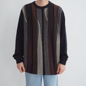 Vintage Tosani Brown Vertical Stripe Cotton Knit Biggie Crewneck Sweater XXL